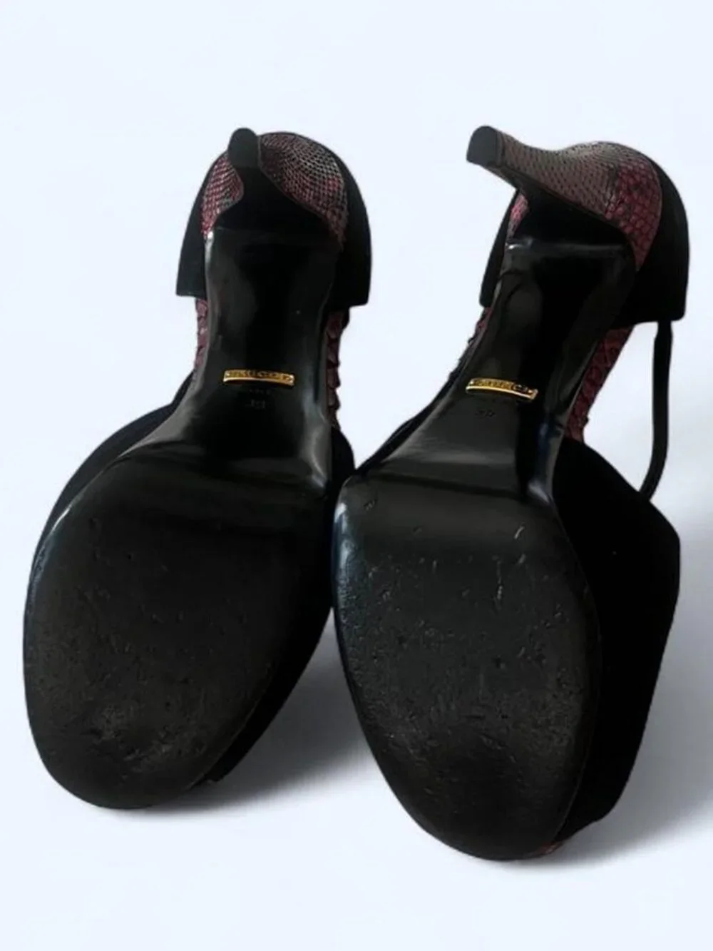 Epic Gucci black suede with red and pink Python Snakeskin platform heels  size 3